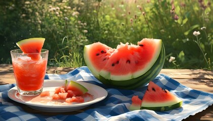 refreshing delight of enjoying cold watermelon slices at a sunny summer picnic, with juicy sweetness and vibrant flavor bringing blissful moments in the warm outdoors