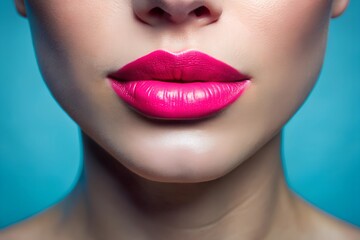 Poster - beauty portrait of pink lips against a blue background, soft light creating a gentle contrast, close-up of a female model's mouth with pastel lipstick, perfect for beauty and fashion concepts