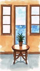 A drawing of a table with a potted plant in front of two windows.