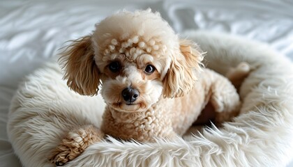 Charming Poodle Relaxing on Luxurious Pet Bed Against a Clean White Backdrop