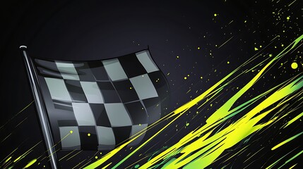 Wall Mural - Black and white checkered flag waving against a green and yellow abstract background.