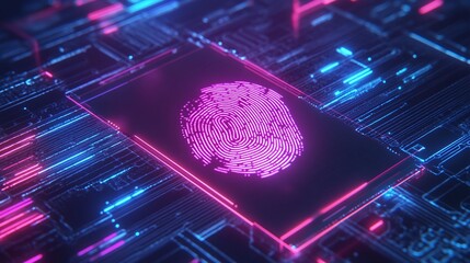 Digital fingerprint on a tech background, neon colors, futuristic. Digital identity privacy.