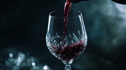 A dark-themed image depicting red wine being elegantly poured into a crystal glass, highlighting the richness and allure of the beverage.