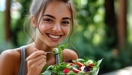 Wall Mural - Joyful girl enjoying a fresh salad, embracing a vibrant vegetarian lifestyle