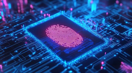 Digital fingerprint on microchip with neon lights, white isolate background Digital identity privacy.