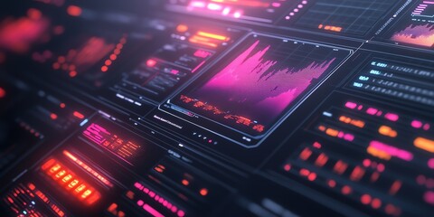 Wall Mural - Closeup of a futuristic digital dashboard with glowing red and pink lines.