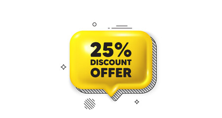 Wall Mural - 3d speech bubble icon. 25 percent discount. Sale offer price sign. Special offer symbol. Discount chat talk message. Speech bubble banner. Yellow text balloon. Vector