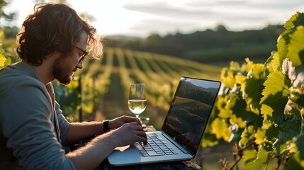 Freelancer at a sunny vineyard, typing on a laptop with a glass of wine and scenic views