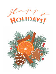 Happy Holidays Card with Pine, Orange, Cinnamon, Gingerbread, and Berries