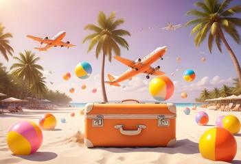 An orange suitcase floating in the air with palm trees, beach balls, and an airplane in the background, suggesting a tropical vacation or travel theme