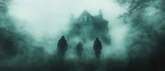 A haunting scene of silhouettes walking towards an eerie abandoned house in dense fog, creating a mysterious and chilling atmosphere.