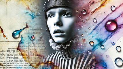 A surreal portrait of a woman in striped attire with water droplets, colourful abstract patterns, and text elements blending into the background.