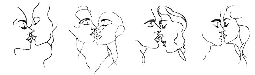 Wall Mural - Continually abstracting drawing of two faces, a kiss, romantic love. Portrait.