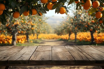 photo Empty wood table with free space over orange trees, orange field background