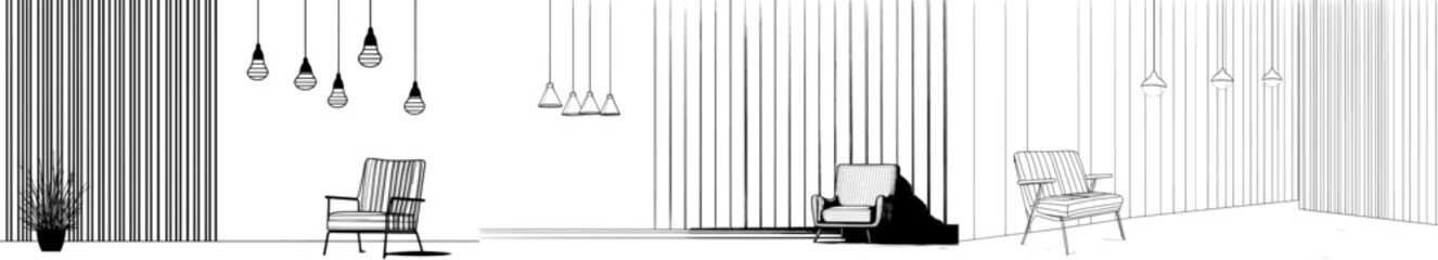 Wall Mural - The line drawing shows one continuous line of a luxury design interior with an armchair and wood panels. Hygge Scandinavian decor with soft furniture chair in simple linear style. Editable stroke.