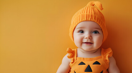 Baby Dressed as a Jack o Lantern for Halloween sitting on an Orange Background with Space for Copy for text