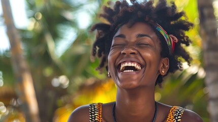 Sticker - Young woman with curly hair laughs joyfully outdoors.