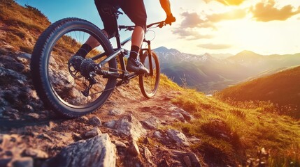 A close-up of a mountain biker navigating a challenging downhill trail, focused and intense