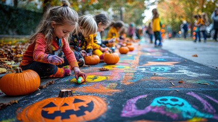 children creatively paint pumpkins during an autumn festival, surrounded by colorful chalk art and f