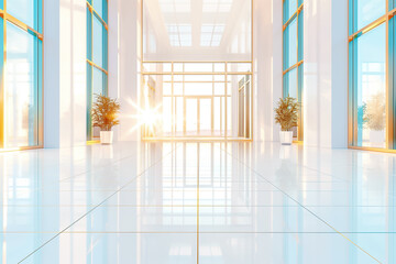 Canvas Print - A spacious corridor features tall windows that allow golden sunlight to flood in during the early morning, highlighting the minimalist design and potted plants