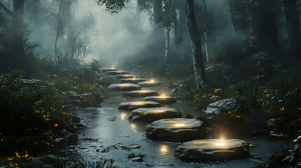 Wall Mural - A path of stepping stones leading through a misty forest, each stone glowing faintly with guiding light