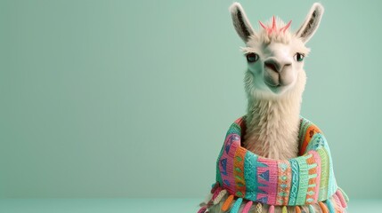 A cartoon llama wearing a colorful scarf and a pink mohawk stands in front of a green background.