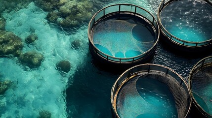 Aerial view of circular fish farms in clear blue ocean water.