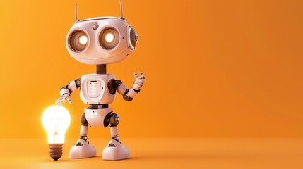 A white robot holding a light bulb on an orange background.