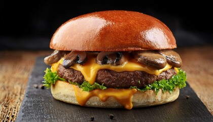 hamburger with cutlet, beef and mushrooms and melted cheddar chees