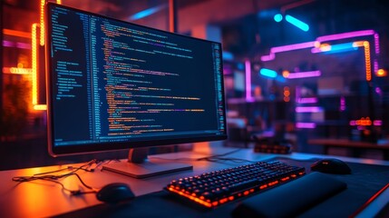 Cybersecurity Code On Computer Monitor In Dark Room Software Development With Neon Lights.