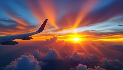 Wall Mural - Breathtaking sunset and fluffy clouds captured from an airplane window