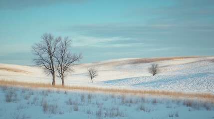 Winter countryside with rolling hills covered in snow, a few bare trees, and a calm, peaceful sky