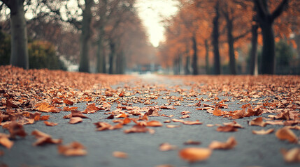 Empty road covered with fallen leaves in autumn