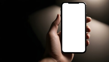 Cell phone white screen mockup, Woman hand holding mobile phone with blank screen while working at coffee shop. Business woman using smartphone, mockup for social media marketing