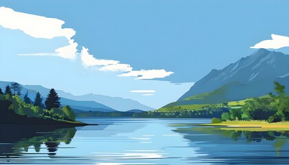 Serene minimalist blue mountain landscape featuring a tranquil lake view in a vector illustration style