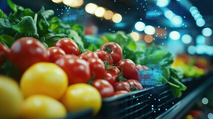 Close up of fresh organic vegetables including tomatoes lettuce and other greens arranged in a wooden crate against a blurred bokeh backdrop  Concept of healthy plant based eating nutrition