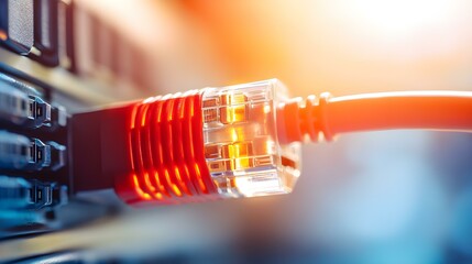 close-up of a network cable connecting to a device with vibrant lighting.