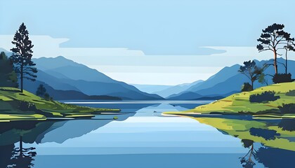 Serene minimalist blue mountain landscape featuring a tranquil lake view in a vector illustration style