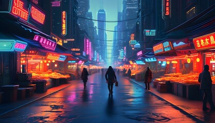 Vibrant neon street market bustling with energy in a futuristic urban landscape