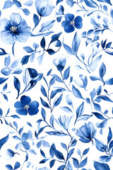 Wall Mural - png blue watercolor flower pattern with transparent background