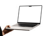© MR Vector - Close up of male hand holding laptop mockup with blank screen and transparent white background. hand man using laptop.
