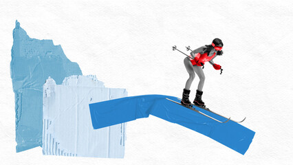 Contemporary art collage. Skier in bold red outfit descends down minimalist icy slope, highlighting thrill of winter sports and adventure. Concept of holidays, tourism, extreme sport. Ad