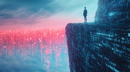 A person standing at the edge of a cliff made of digital code, looking out at a horizon of endless glowing data.