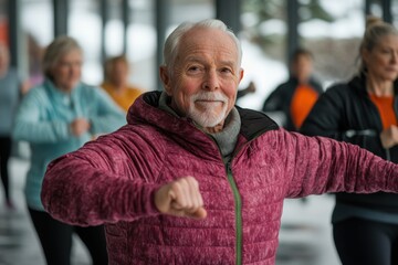 A senior man wearing a purple jacket leads a group exercise session indoors, joyfully engaging in physical activity with peers, symbolizing vitality and health.