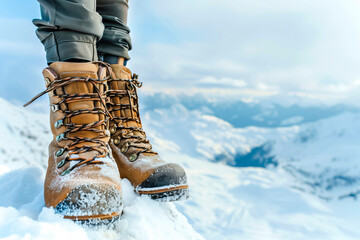 A pair of hiking boots standing at the edge of a snowy mountain peak.