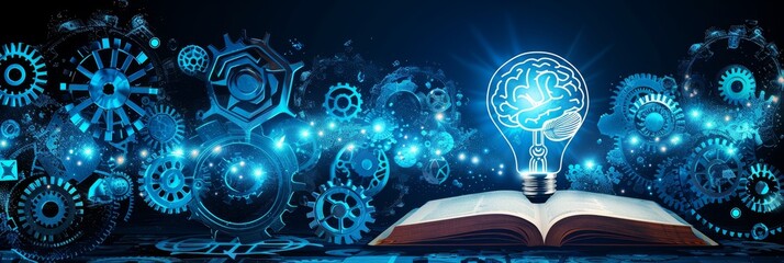 Knowledge And Ideas. Open Book With Glowing Light Bulb Shaped As Brain Surrounded By Gears.
