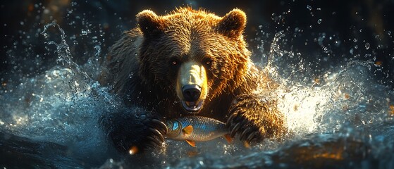 A bear catching a fish in a dynamic, water-splashing scene.