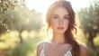 © sirisakboakaew - A Croatian beauty with natural makeup, standing in a sunlit olive grove with a serene expression