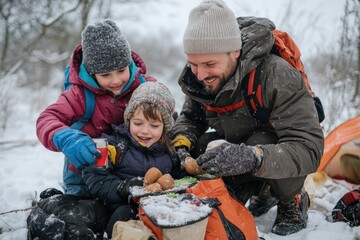 On a cold, snowy day, a father smiles warmly as he shares a delightful outdoor picnic with his two bundled-up children, savoring potatoes and beverages together.