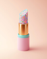 3D render of colorful lipstick with sprinkles on top in pink case, isolated on a light pink background Pastel colors. Minimal product photo